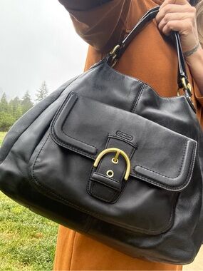 Coach Black Leather Shoulder Bag with Gold Buckle Accent